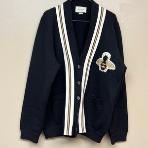 GUCCI Black Wool Cardigan Bee applique XXXL